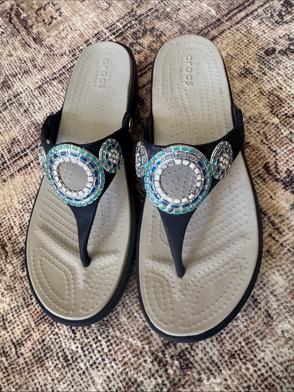 CROCS Women's Black Thong Sandals with Turquoise & Silver Bead Accents